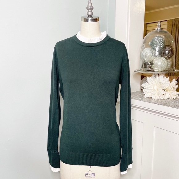 Vila Milano Layered Look Wool Sweater w Pleated Blouse Dark Green White Large - Picture 3 of 11
